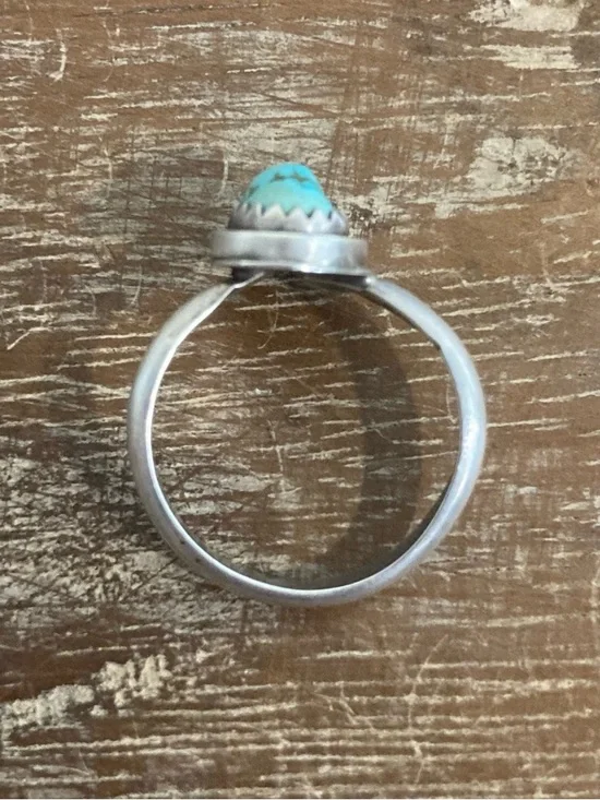 Silver Tone Sawtooth Bezel with Turquoise Colored Stone Ring Approx 5.5 Size - Picture 9 of 14